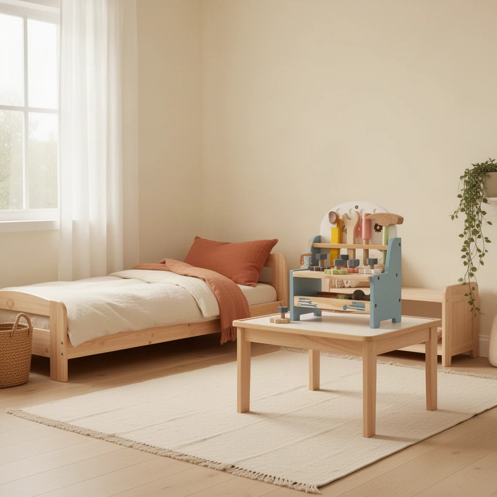 Mini Atelier Montessori dans une chambre Montessori, vue d’ensemble