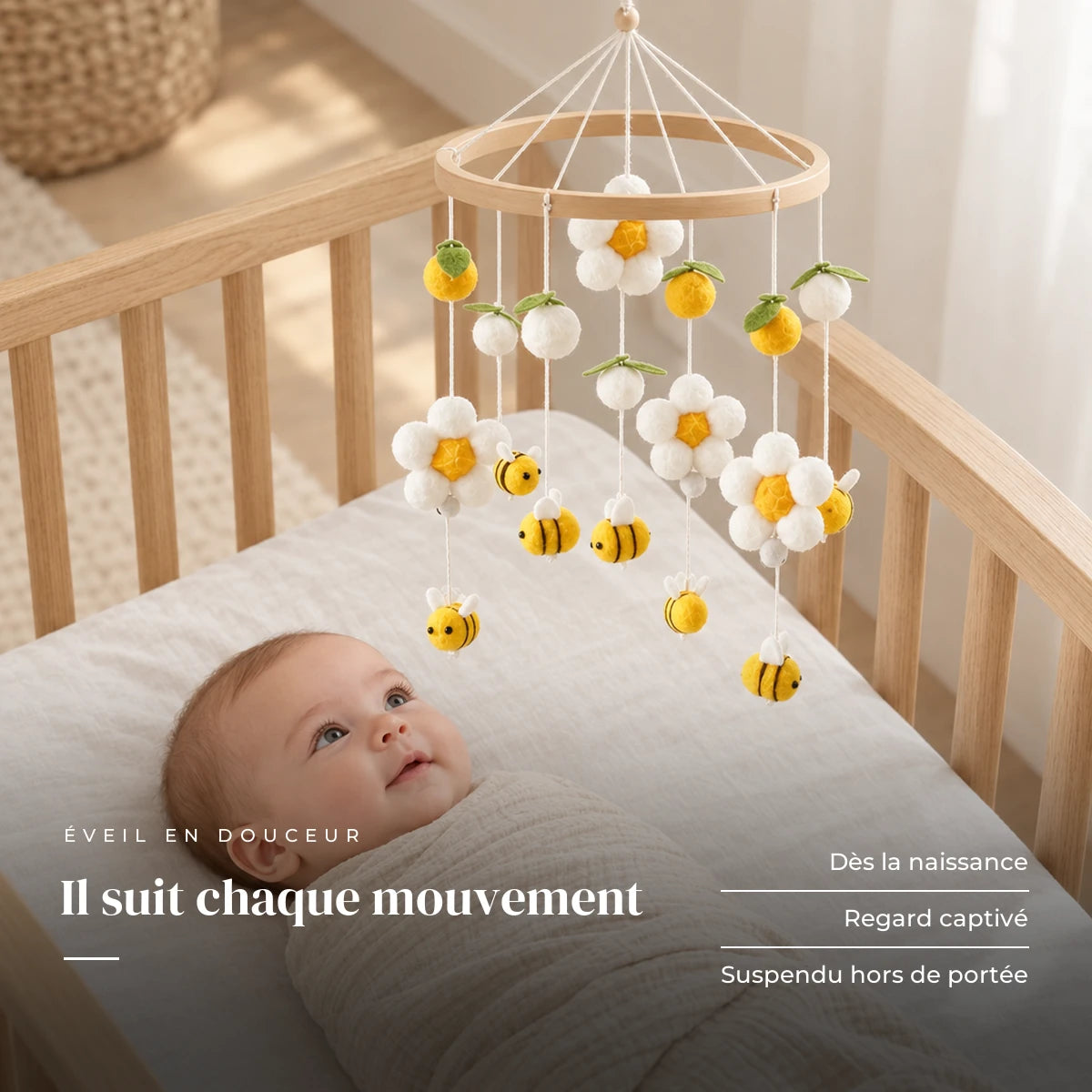 Bébé allongé dans son lit qui regarde le mobile bébé Abeilles en bois au-dessus de lui. Il suit chaque mouvement : dès la naissance, regard captivé, suspendu hors de portée