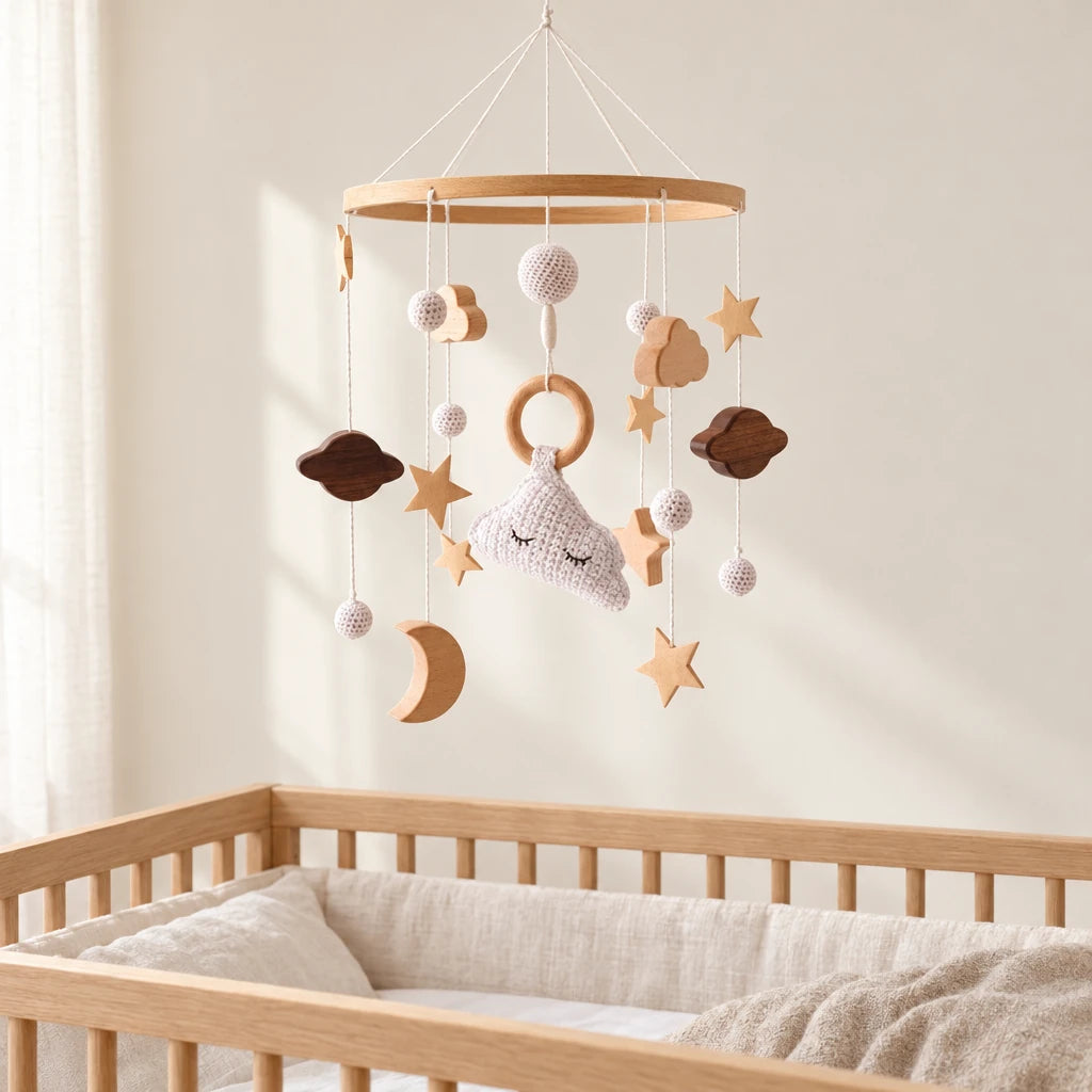 Mobile Bébé Cododo en bois suspendu au-dessus d’un lit bébé en bois clair, dans une chambre douce