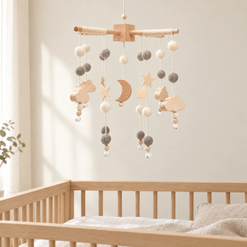 Mobile Bébé Crépuscule en bois suspendu au-dessus d’un lit bébé en bois clair, dans une chambre douce