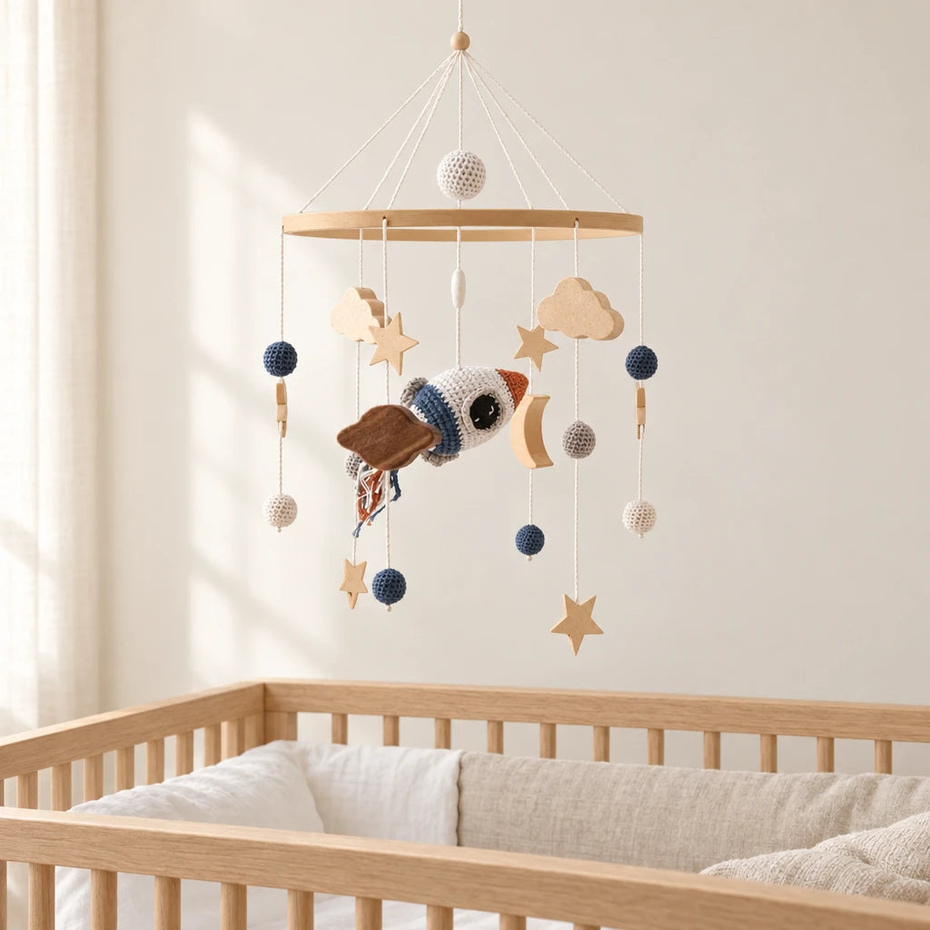 Mobile Bébé Espace en bois suspendu au-dessus d’un lit bébé en bois clair, dans une chambre douce