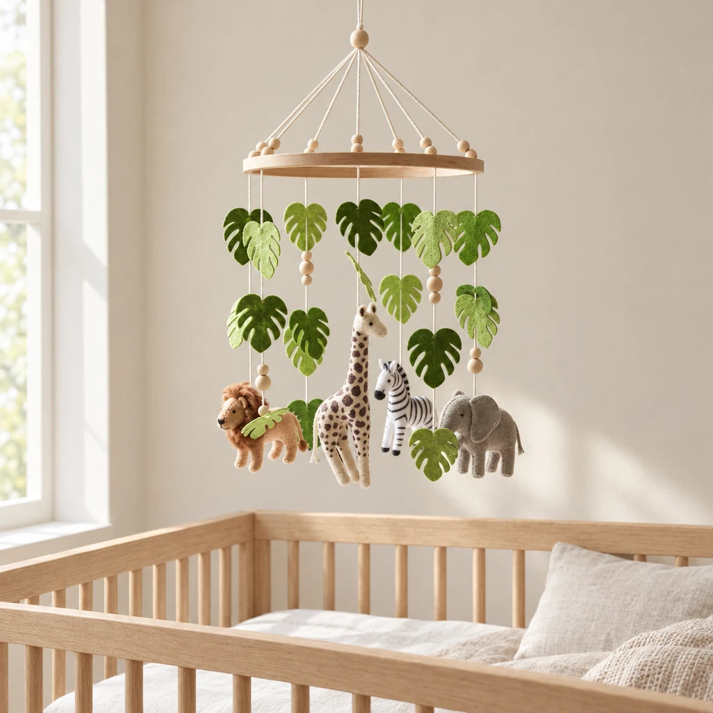 Mobile bébé Jungle en bois suspendu au-dessus d’un lit bébé en bois clair, dans une chambre douce