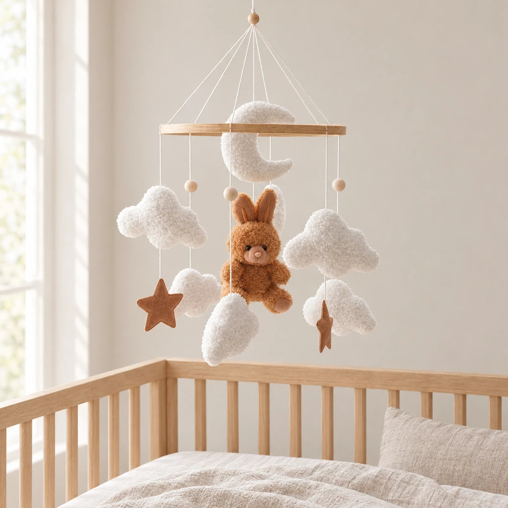 Mobile bébé Lapin marron en bois suspendu au-dessus d’un lit bébé en bois clair, dans une chambre douce