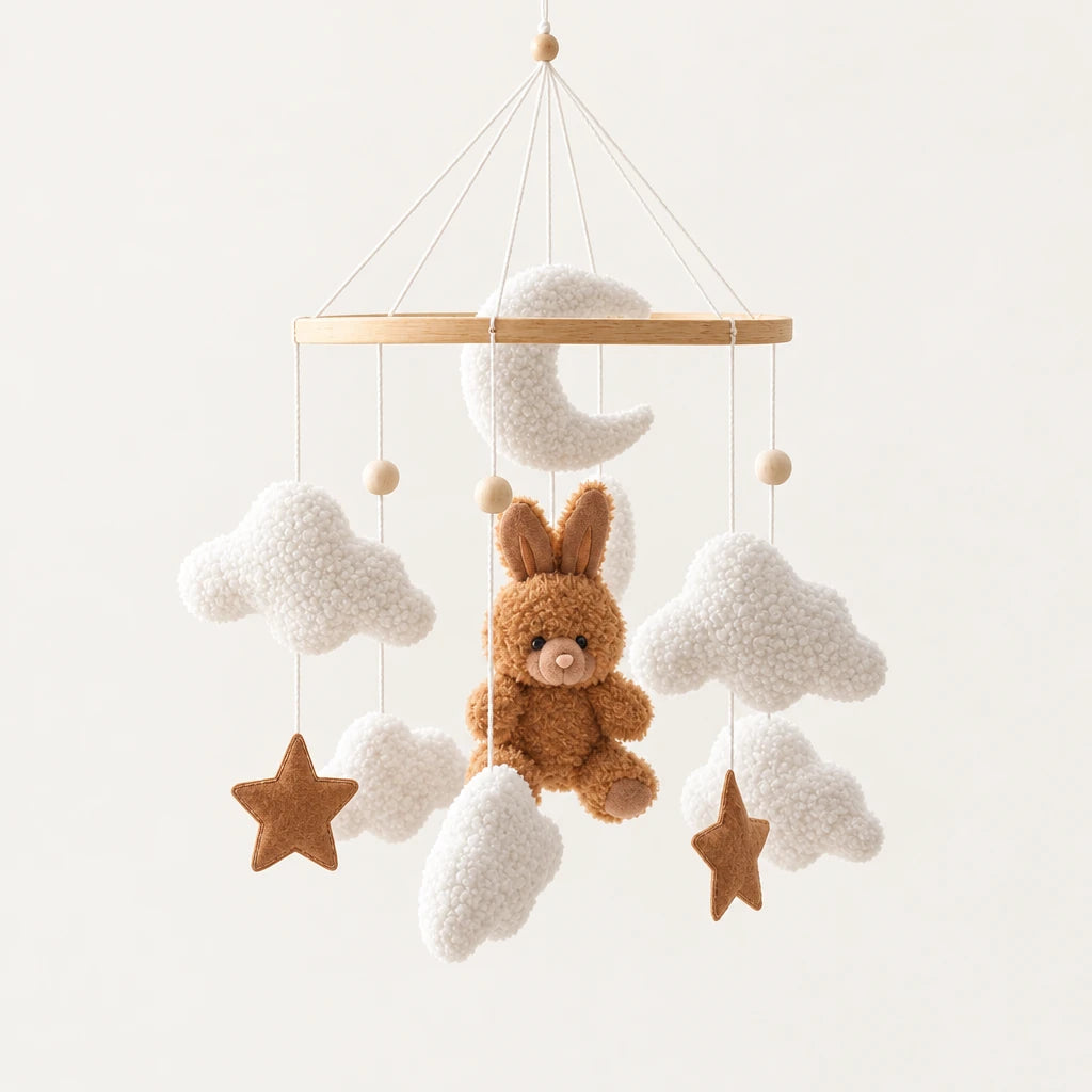 Mobile bébé Lapin marron en bois sur fond clair, vue d’ensemble des suspensions
