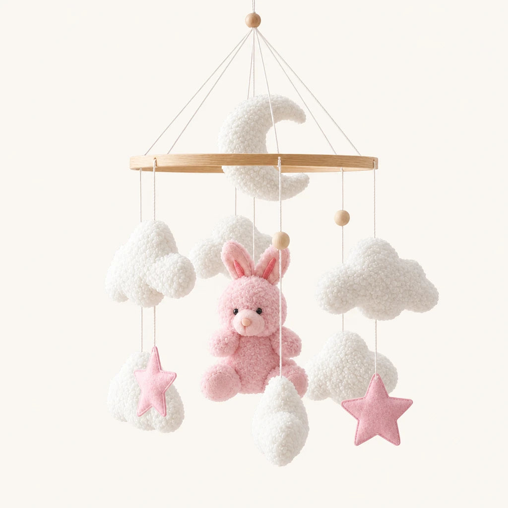 Mobile bébé Lapin rose en bois sur fond clair, vue d’ensemble des suspensions