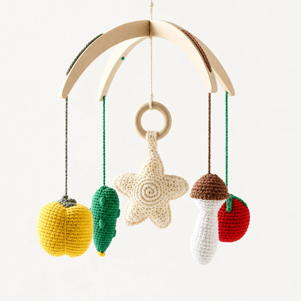 Mobile Bébé Légumes en bois sur fond clair, vue d’ensemble des suspensions