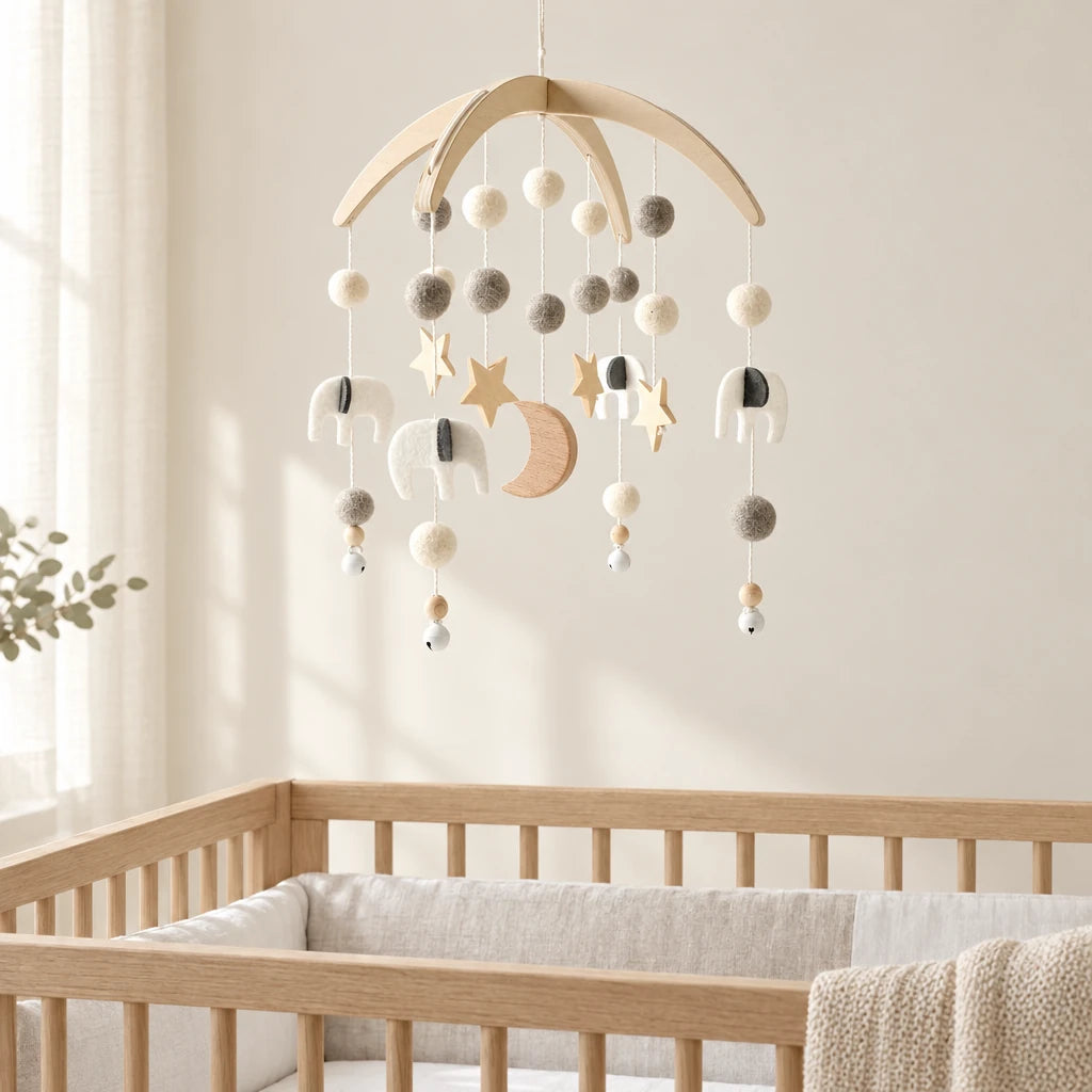 Mobile Bébé Nuit en bois suspendu au-dessus d’un lit bébé en bois clair, dans une chambre douce
