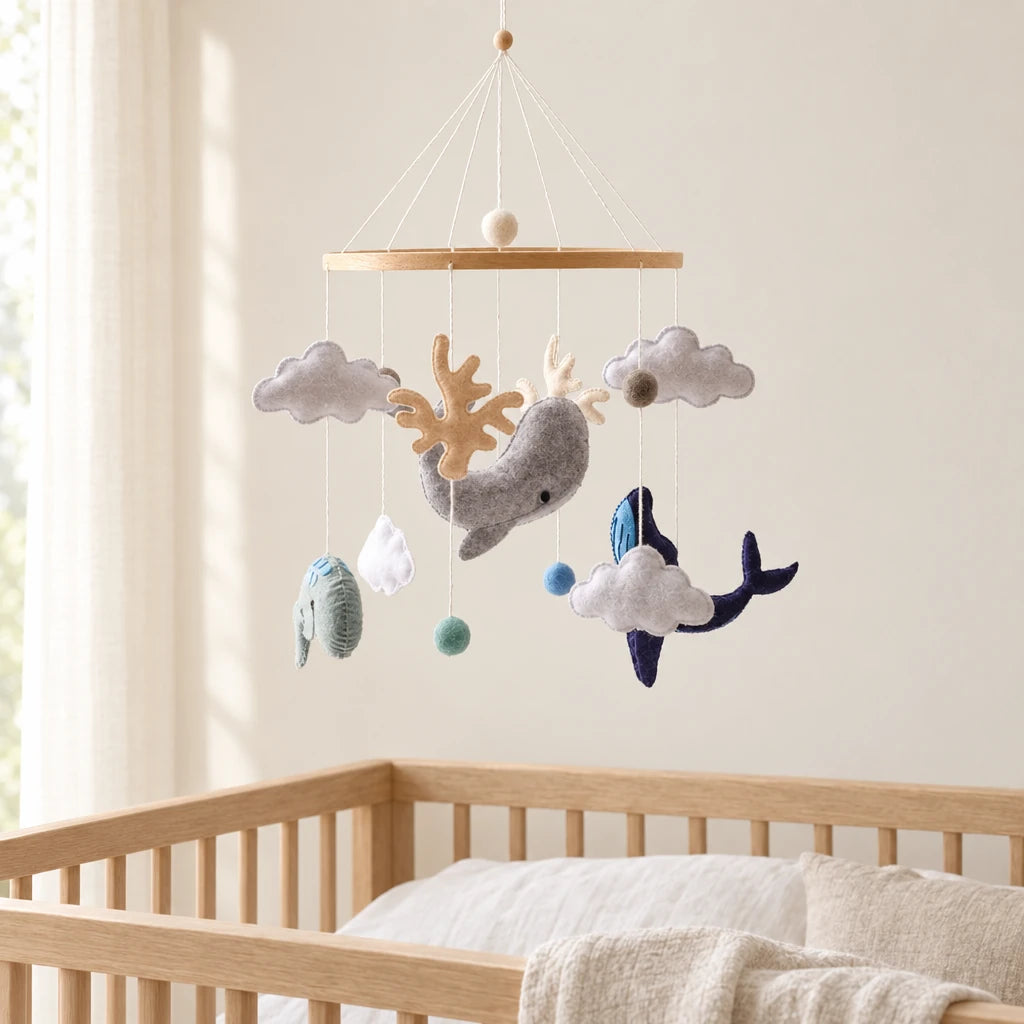 Mobile Bébé Océan en bois suspendu au-dessus d’un lit bébé en bois clair, dans une chambre douce