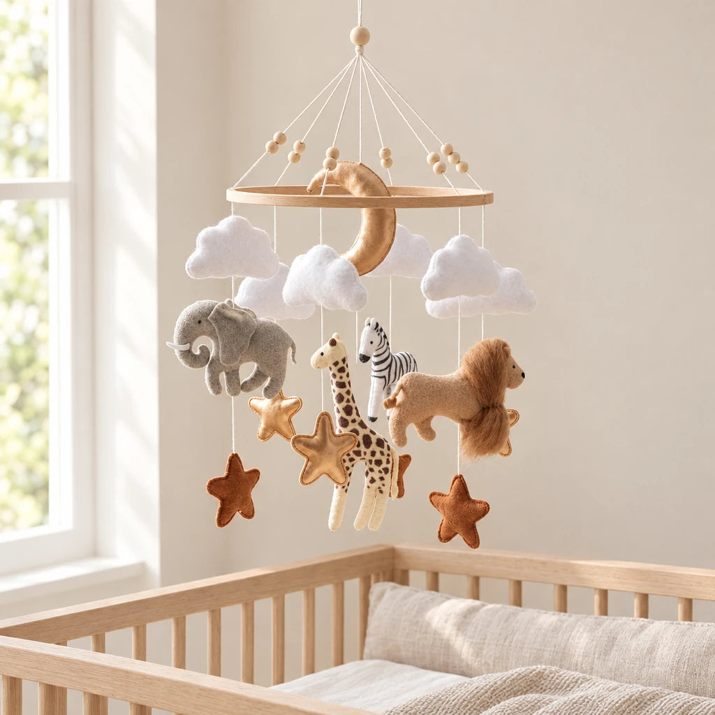 Mobile bébé Savane en bois suspendu au-dessus d’un lit bébé en bois clair, dans une chambre douce