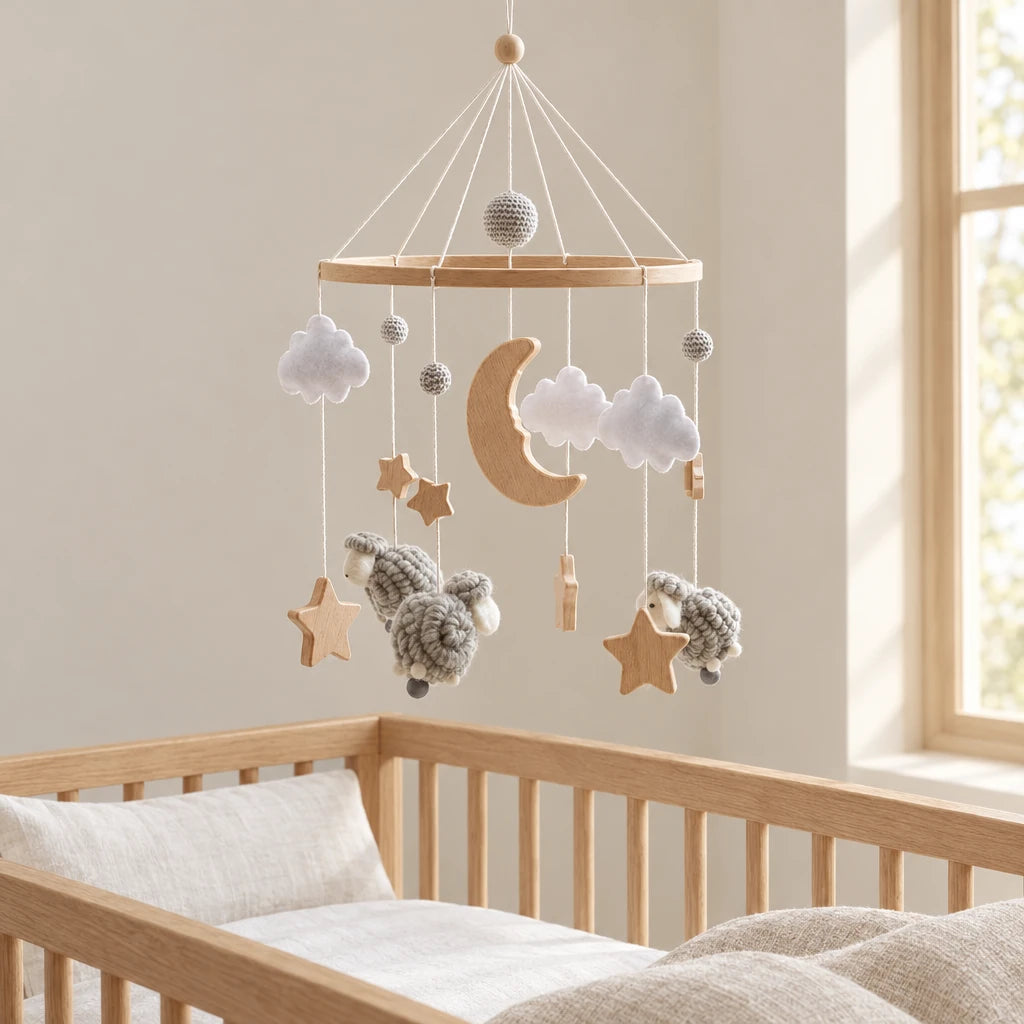 Mobile en Bois Moutons Gris suspendu au-dessus d’un lit bébé en bois clair, dans une chambre douce