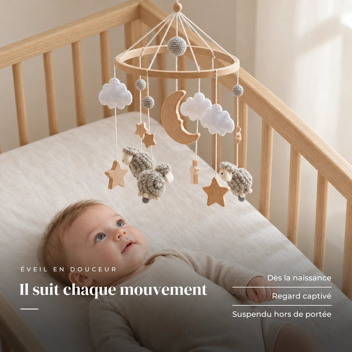 Bébé allongé dans son lit qui regarde le mobile en bois Moutons gris au-dessus de lui. Il suit chaque mouvement : dès la naissance, regard captivé, suspendu hors de portée