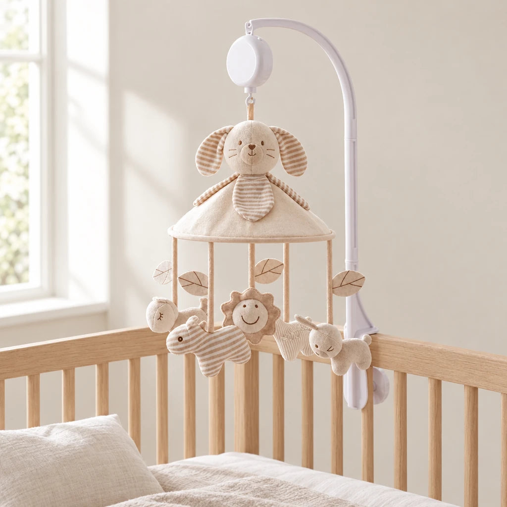 Mobile Musical Lapins avec Bras suspendu au-dessus d’un lit bébé en bois clair, dans une chambre douce