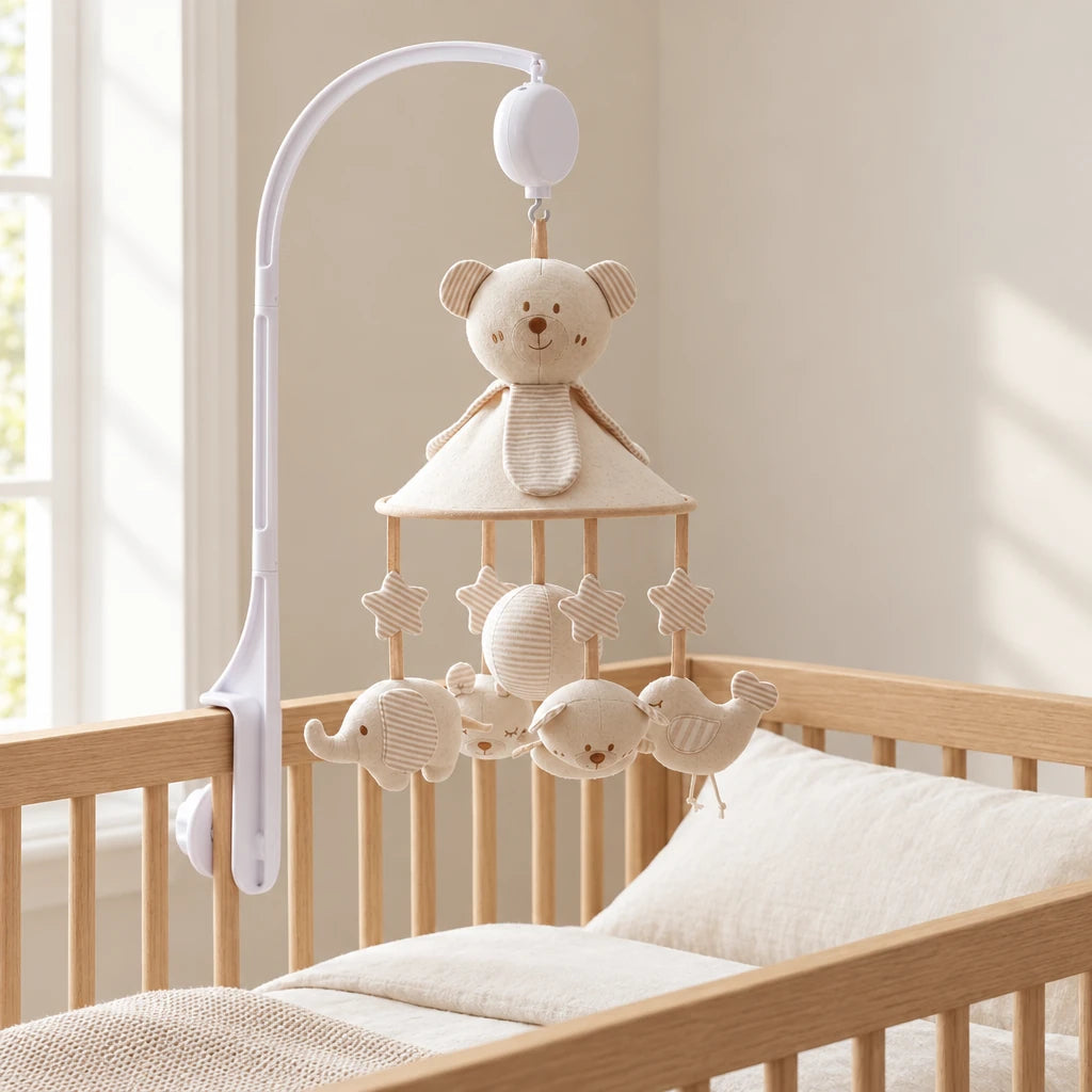Mobile Musical Nounours avec Bras suspendu au-dessus d’un lit bébé en bois clair, dans une chambre douce