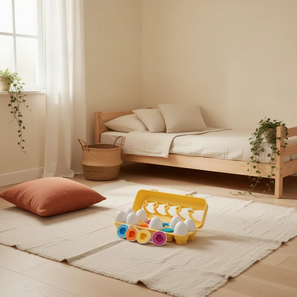 Œufs géométriques Montessori dans une chambre Montessori, vue d’ensemble