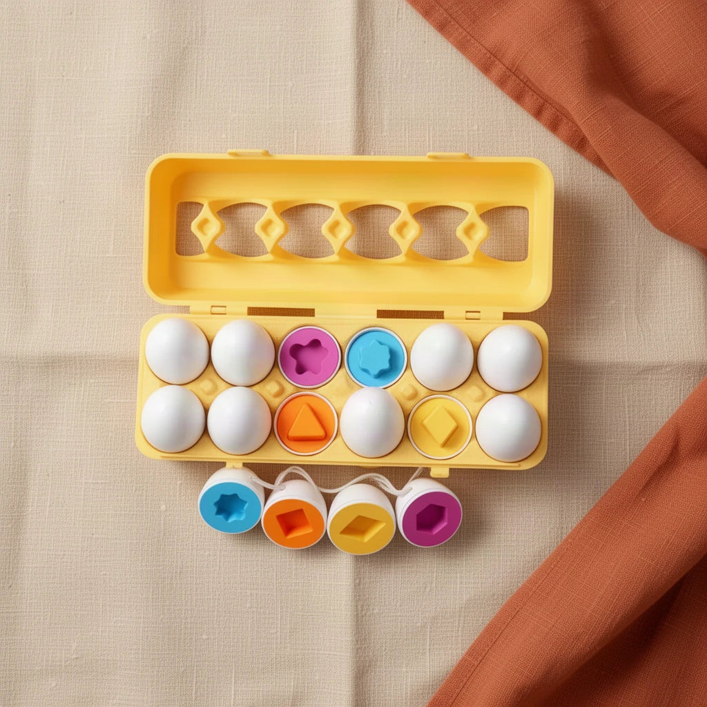 Œufs géométriques Montessori vu de dessus, posé sur du lin