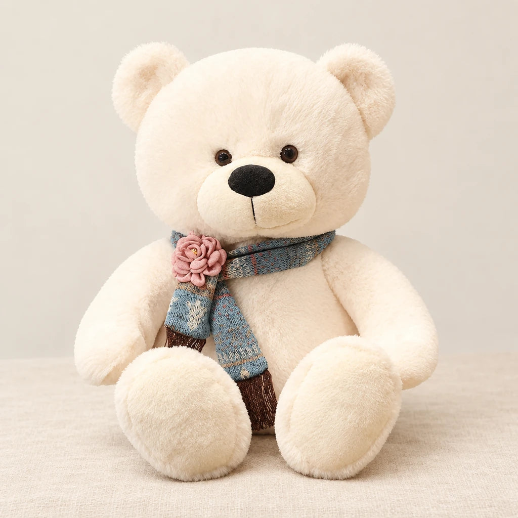 Ours en peluche géant brun avec son écharpe blanc sur fond crème, en studio