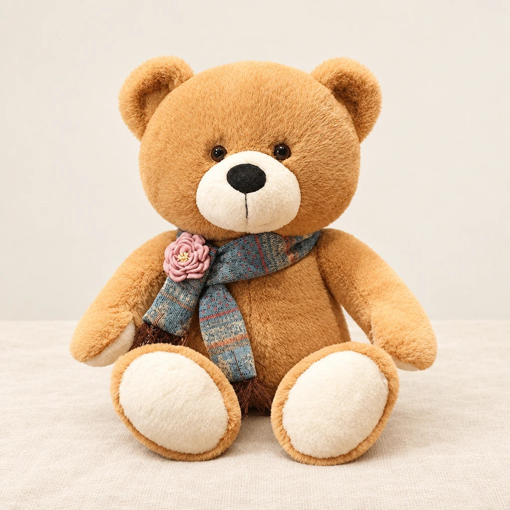 Ours en peluche géant brun avec son écharpe marron clair sur fond crème, en studio