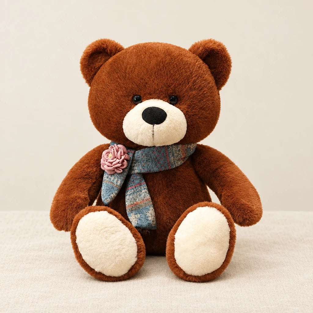 Ours en peluche géant brun avec son écharpe marron foncé sur fond crème, en studio