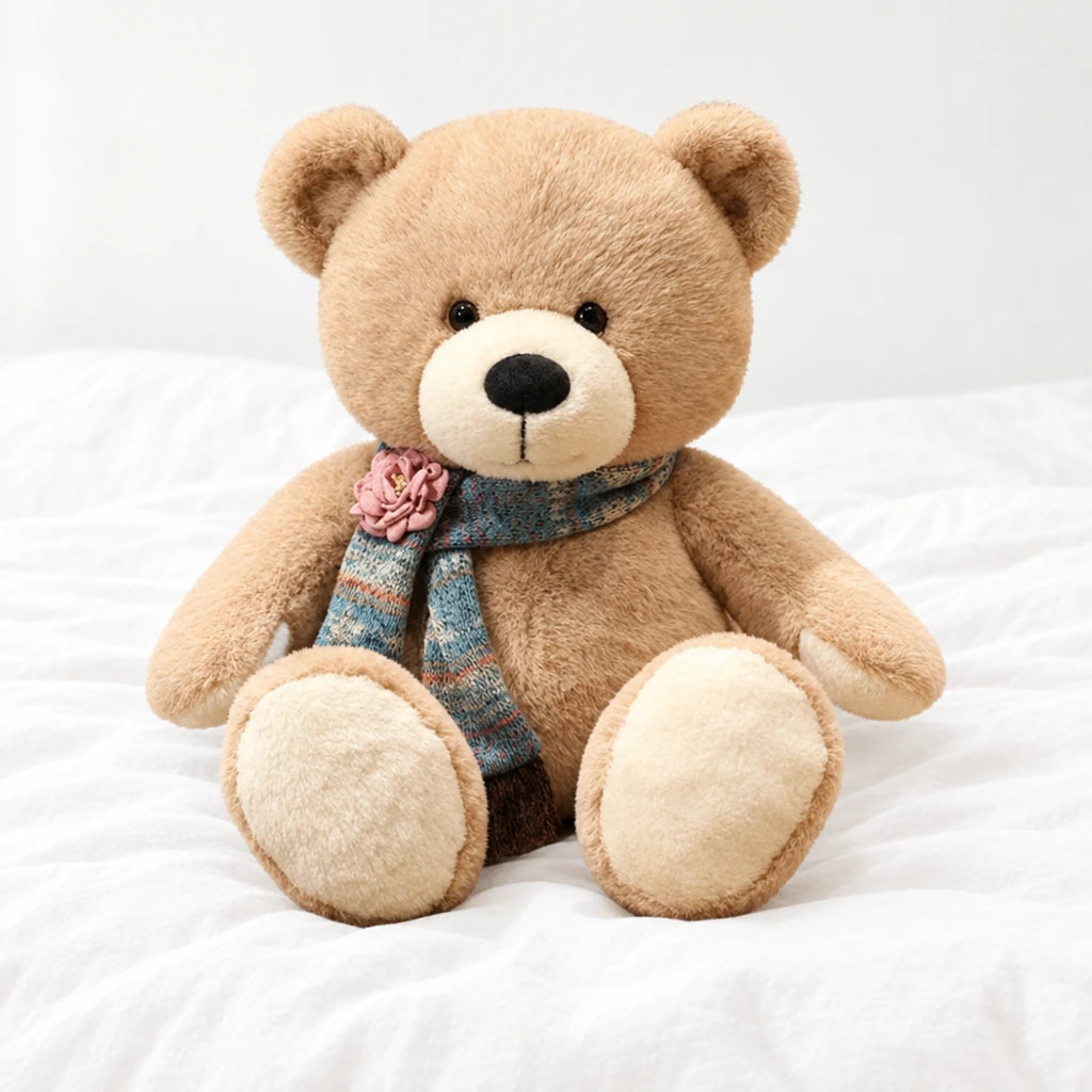 Ours en peluche géant brun avec son écharpe posé sur un lit blanc, en pleine lumière