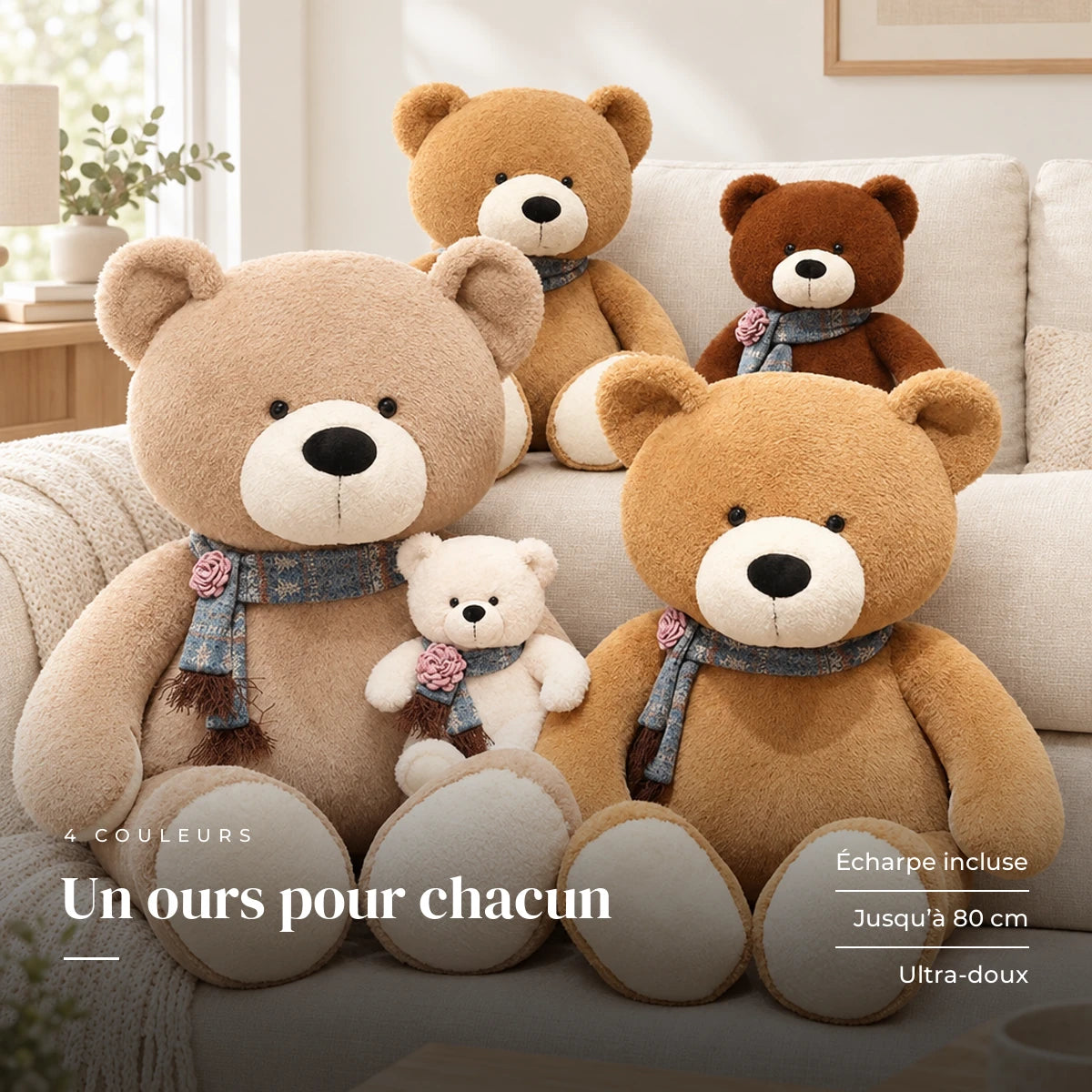 Ours en peluche géant brun avec son écharpe installé sur un canapé en lin. Un ours pour chacun : écharpe incluse, jusqu’à 80 cm, ultra-doux