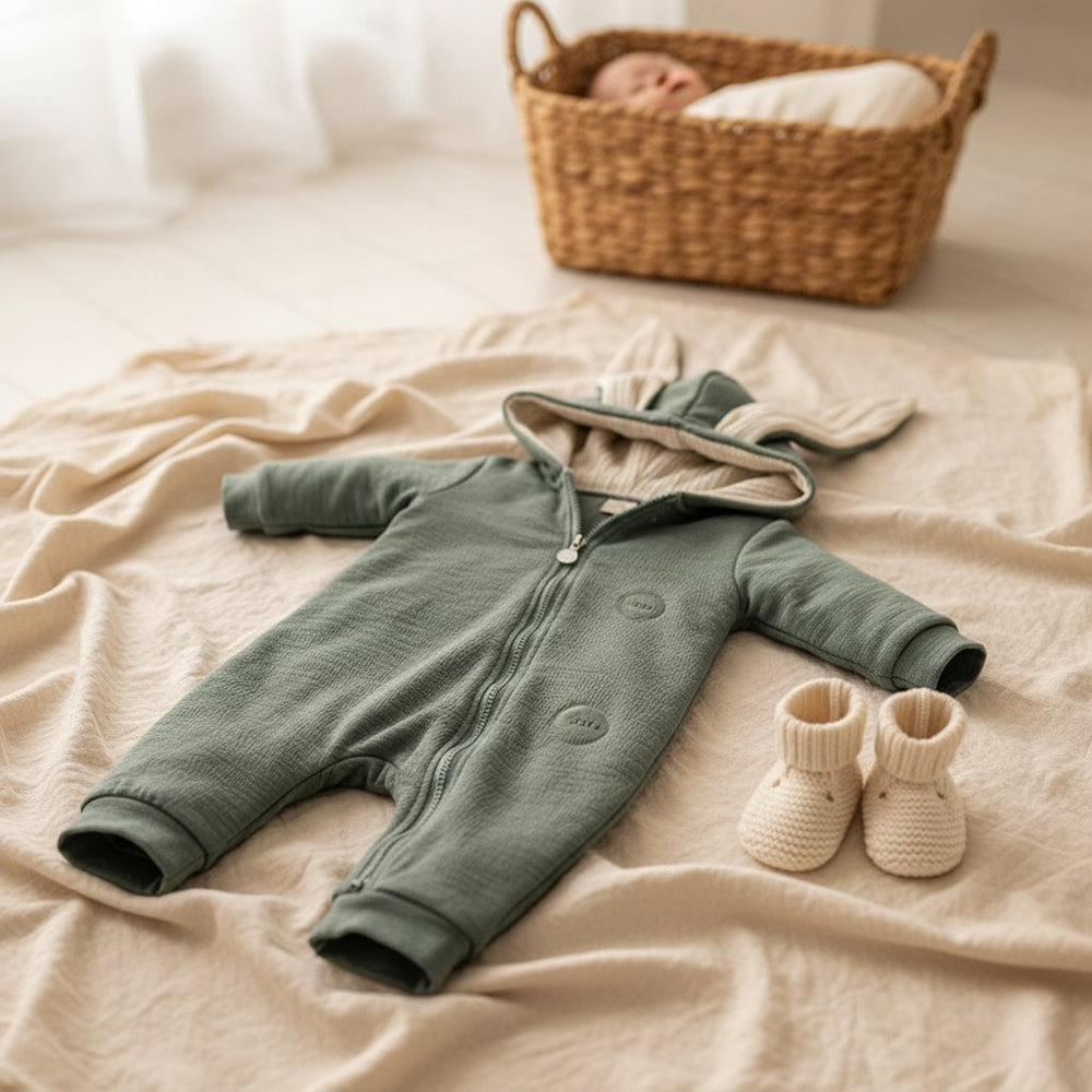 Combinaison Bébé Coton Lapin Manches Longues, coloris vert sauge, posée à plat sur un lit en lin