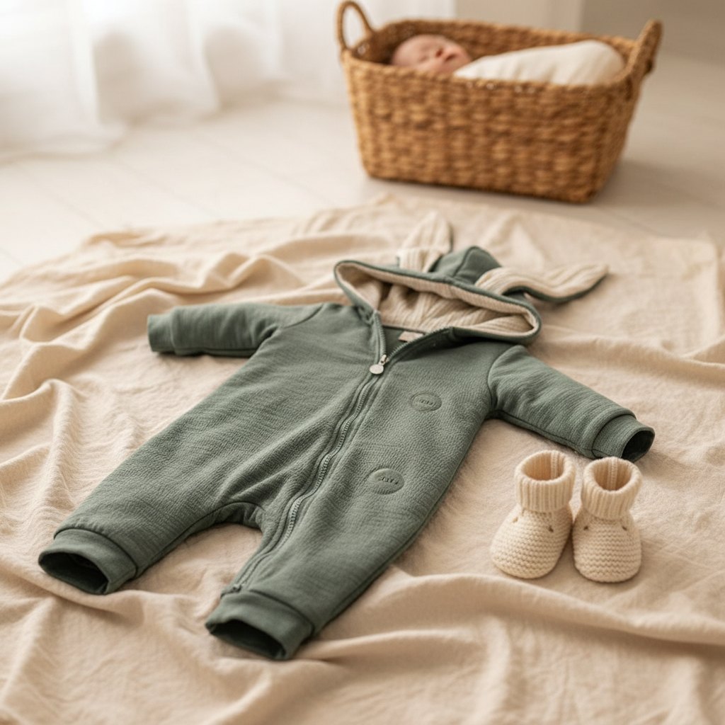 Combinaison Bébé Coton Lapin Manches Longues, coloris vert sauge, posée à plat sur un lit en lin