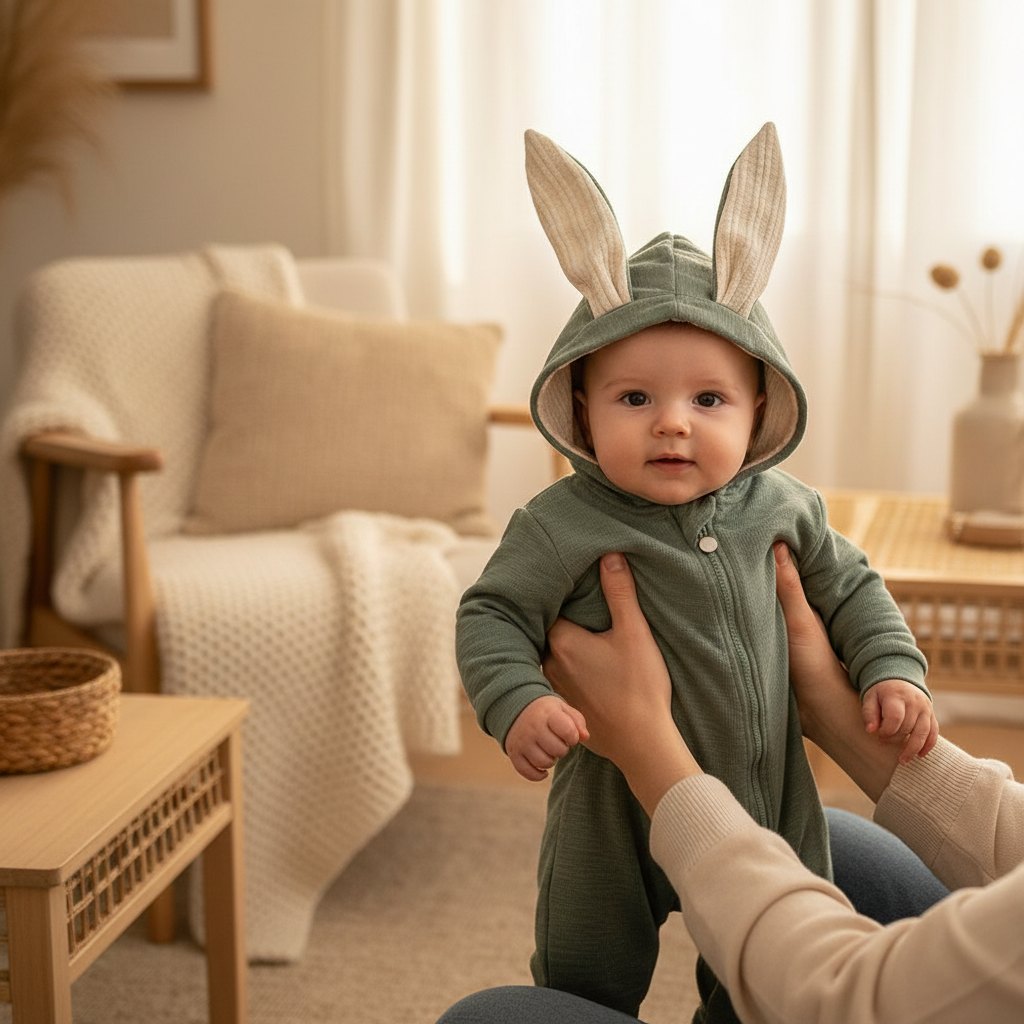 Combinaison Bébé Coton Lapin Manches Longues, coloris vert sauge, sur un bébé debout dans un salon clair
