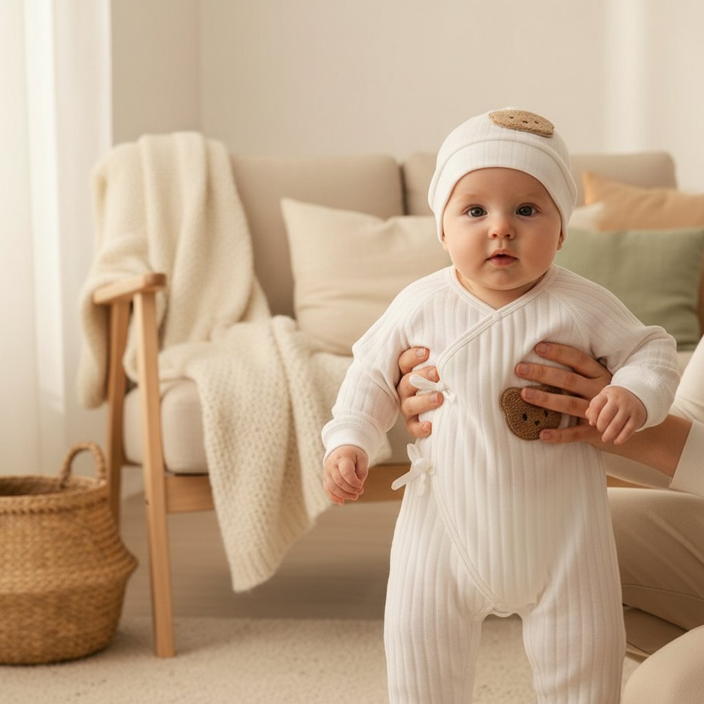 Combinaison Bébé Coton Ourson avec Bonnet, coloris blanc, sur un bébé debout dans un salon clair