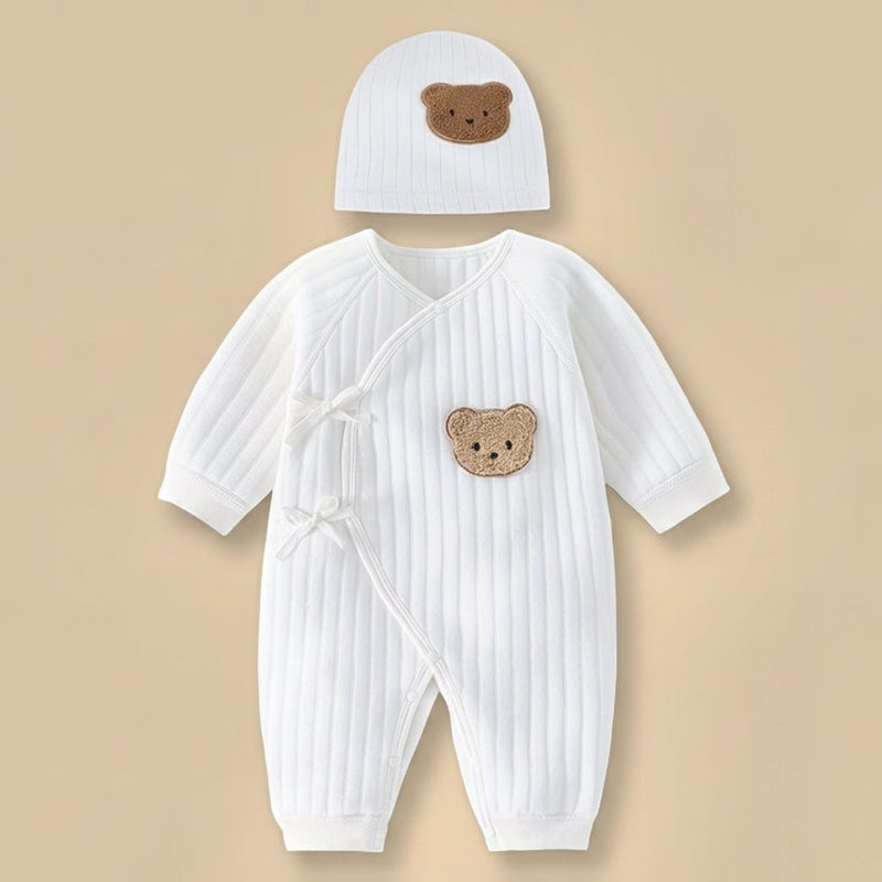 Combinaison Bébé Coton Ourson avec Bonnet, coloris blanc, vue de face