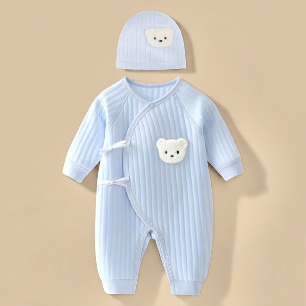 Combinaison Bébé Coton Ourson avec Bonnet, coloris bleu, vue d'ensemble