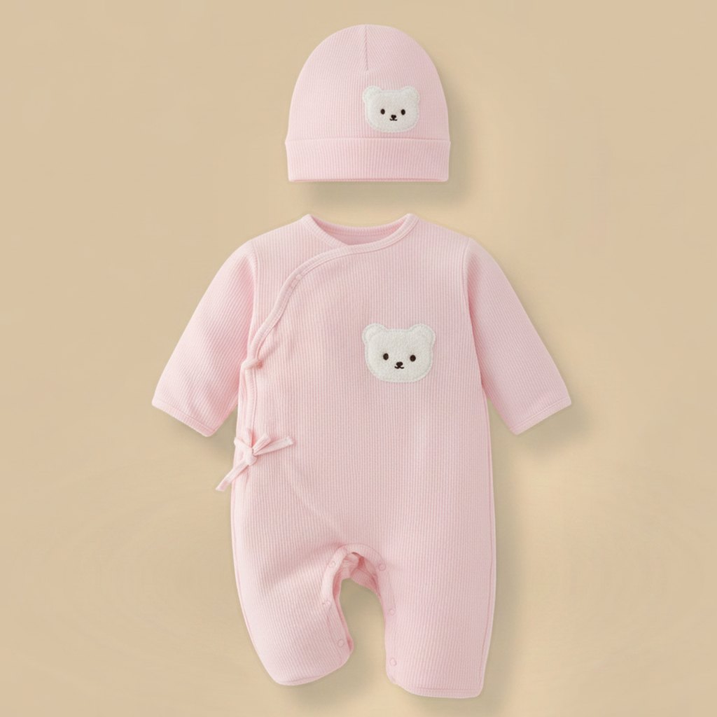 Combinaison Bébé Coton Ourson avec Bonnet, coloris rose, vue de face