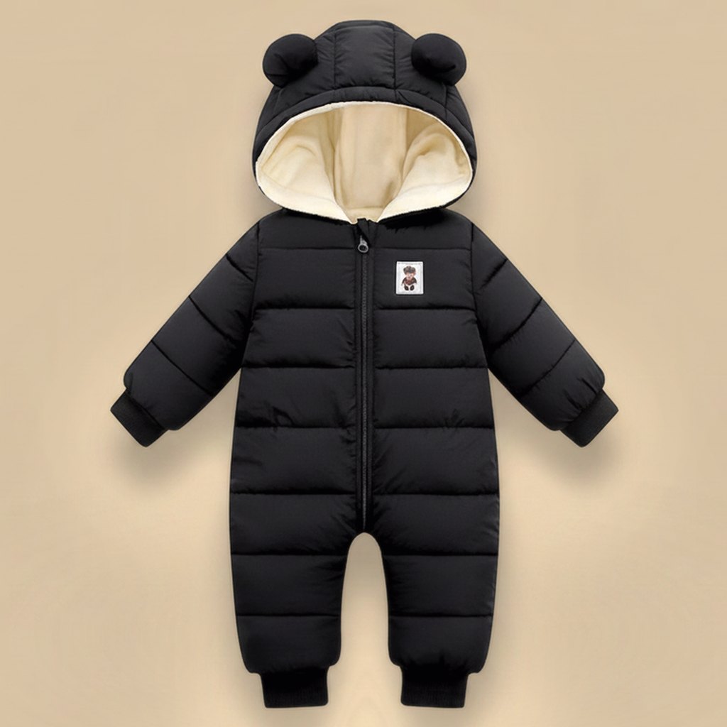 Combinaison Bébé Hiver Matelassée à Capuche, coloris noir, vue de face