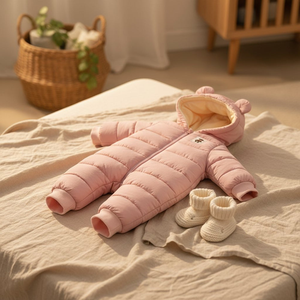 Combinaison Bébé Hiver Matelassée à Capuche, coloris rose, posée à plat sur un lit en lin