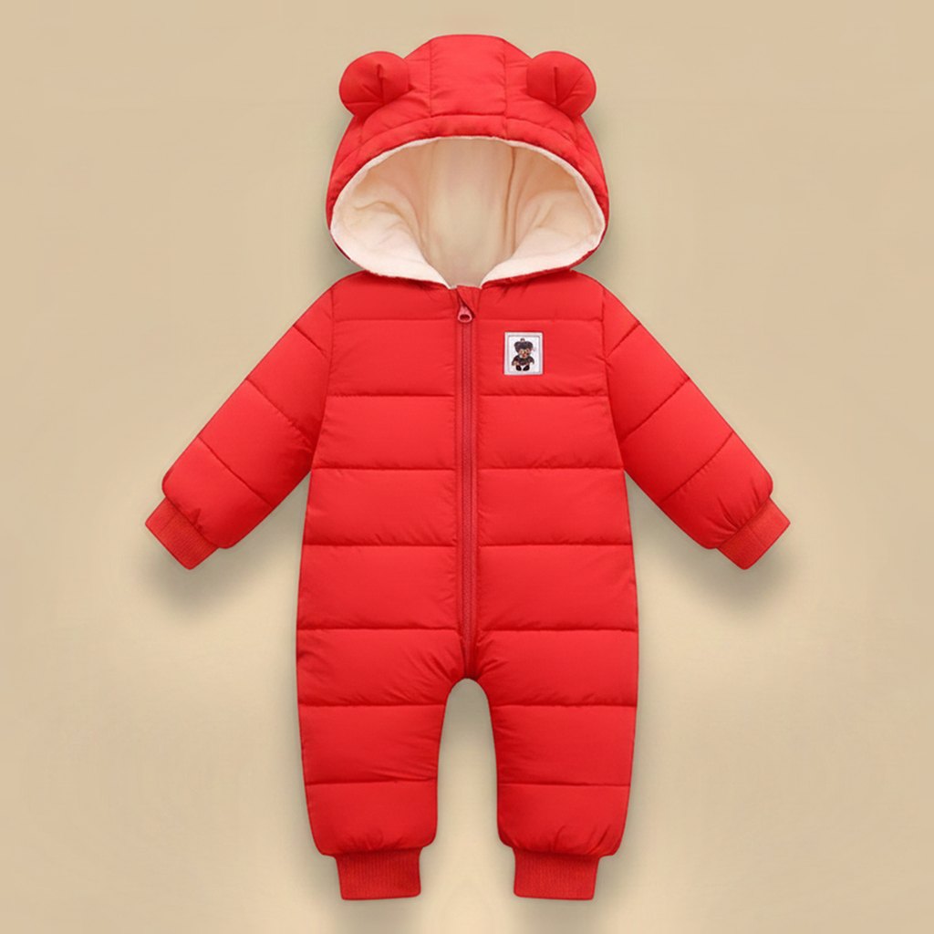 Combinaison Bébé Hiver Matelassée à Capuche, coloris rouge, vue de face