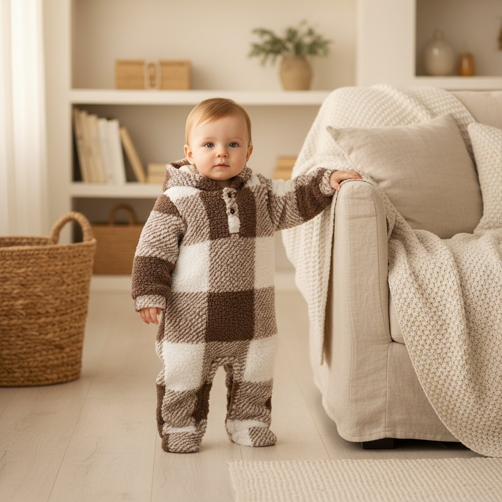 Combinaison Bébé Peluche 3-24 Mois, coloris carreaux marron, sur un bébé debout dans un salon clair