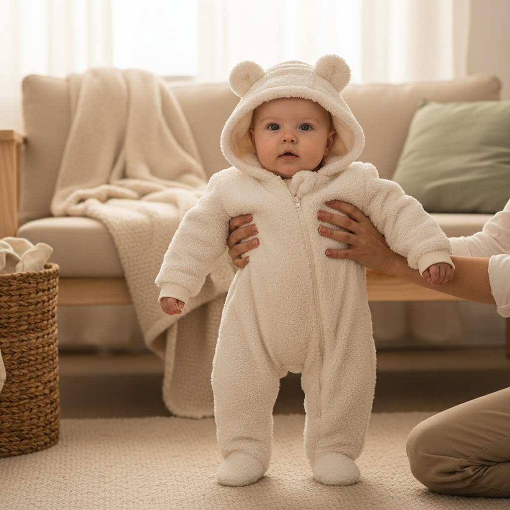 Combinaison Bébé Polaire 3 Mois à 3 Ans, coloris écru, sur un bébé debout dans un salon clair