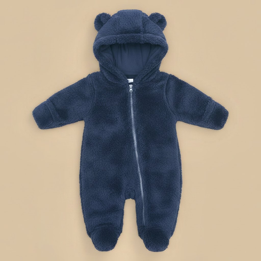 Combinaison Bébé Polaire Ourson à Capuche, coloris bleu marine, vue de face