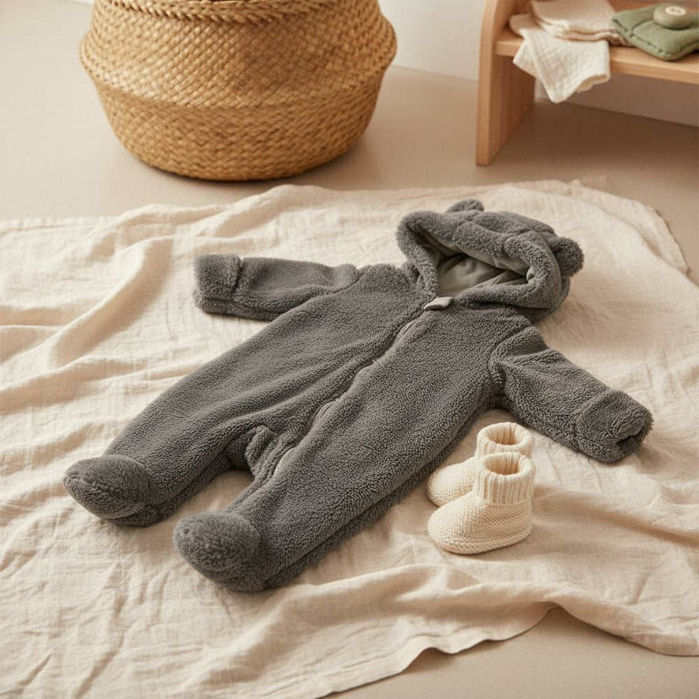 Combinaison Bébé Polaire Ourson à Capuche, coloris gris, posée à plat sur un lit en lin