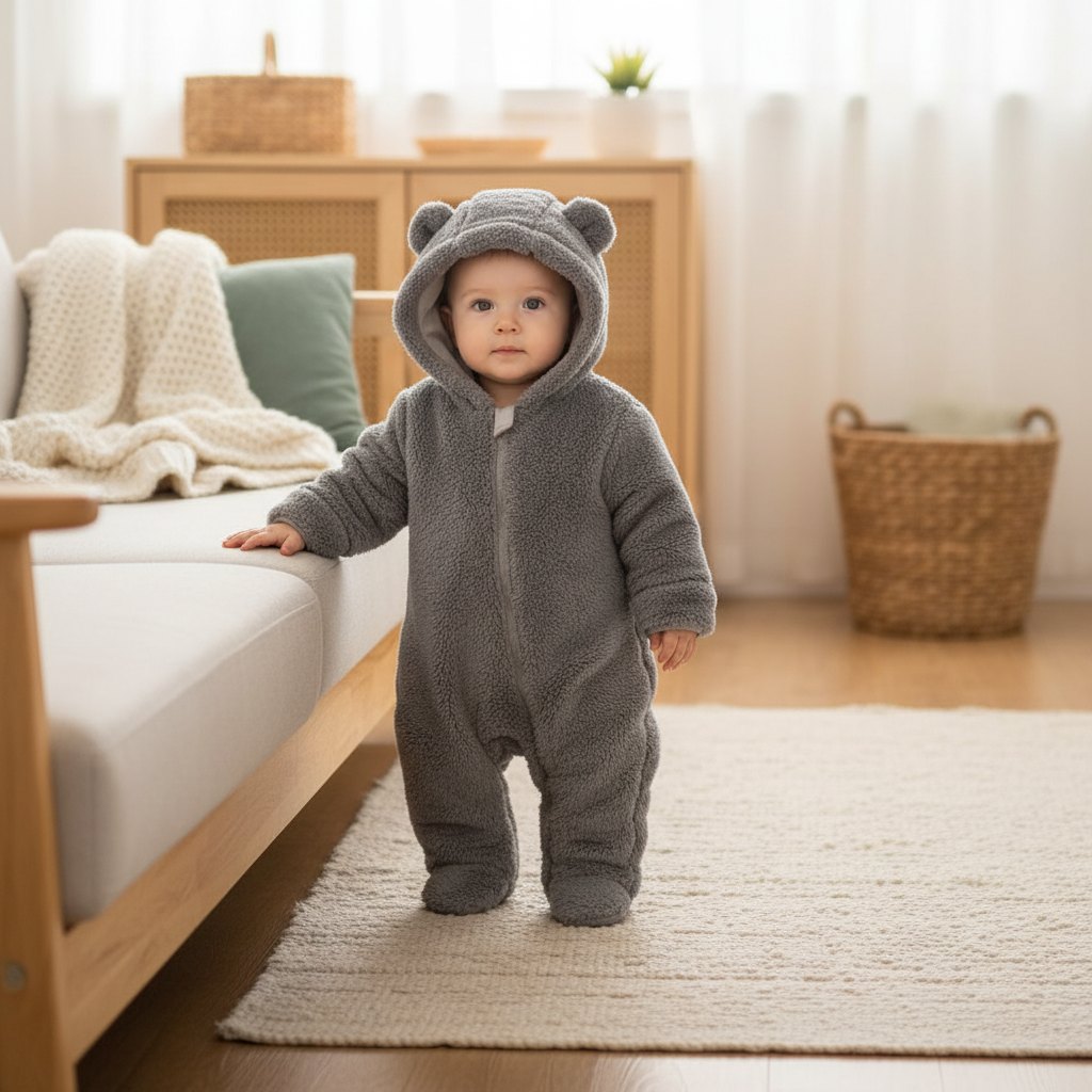 Combinaison Bébé Polaire Ourson à Capuche, coloris gris, sur un bébé debout dans un salon clair