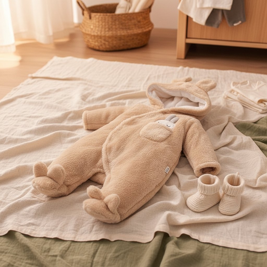 Combinaison Bébé Sherpa Lapin ou Ourson, coloris beige lapin, posée à plat sur un lit en lin