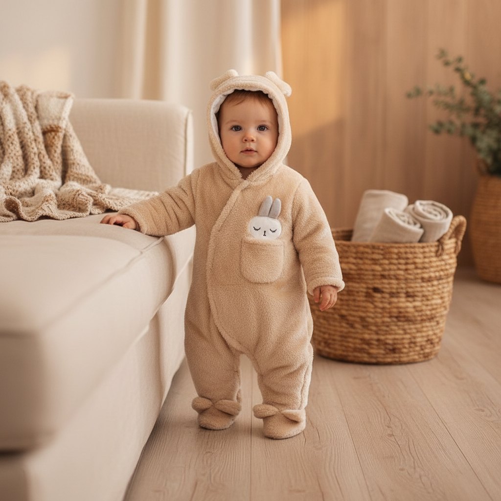 Combinaison Bébé Sherpa Lapin ou Ourson, coloris beige lapin, sur un bébé debout dans un salon clair