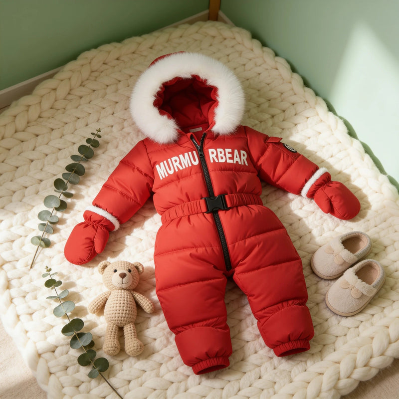 Combinaison Doudoune Bébé, coloris rouge, posée sur un plaid en maille