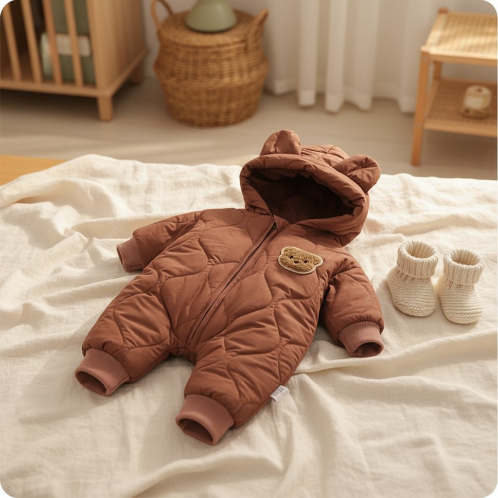 Combinaison Hiver Bébé Aubin, modèle café, posée à plat sur un lit en lin