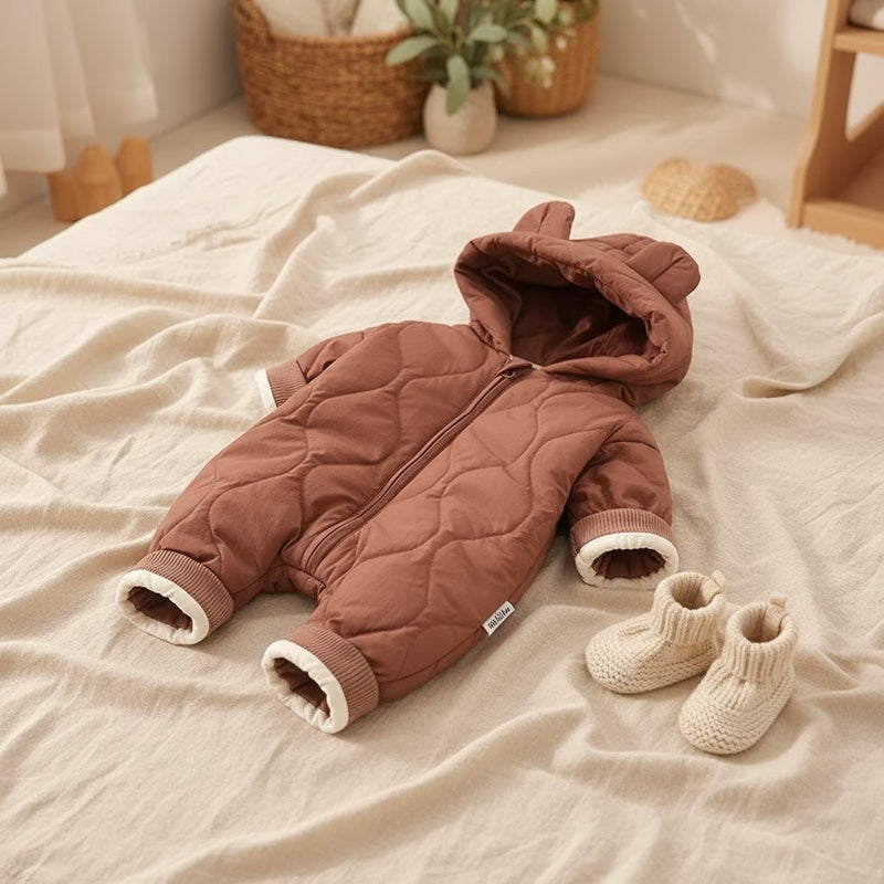Combinaison Hiver Bébé Margot, coloris brique, posée à plat sur un lit en lin