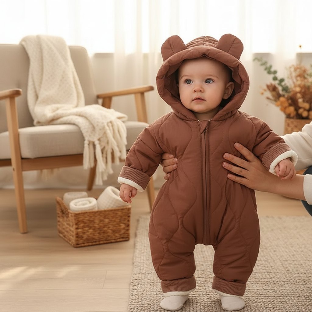 Combinaison Hiver Bébé Margot, coloris brique, sur un bébé debout dans un salon clair