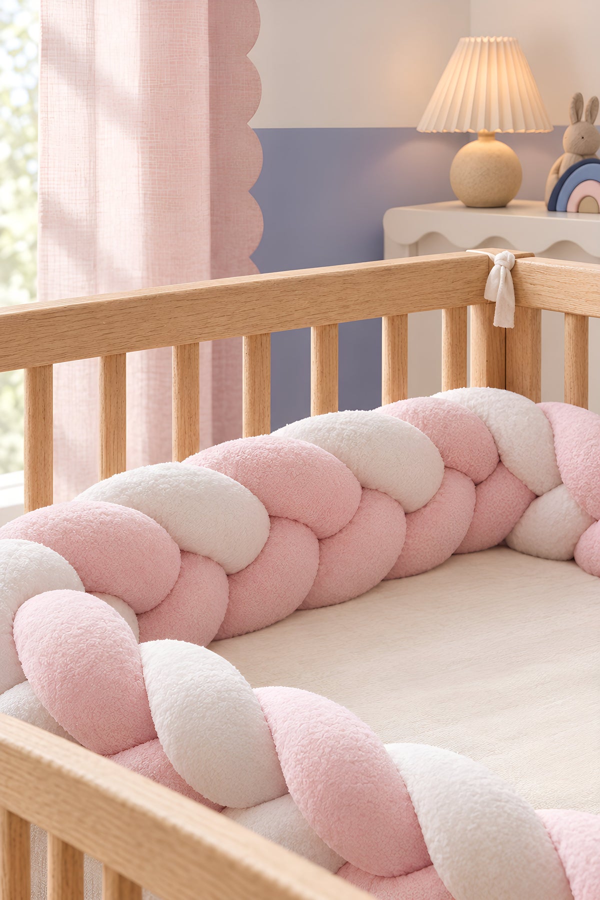 Tresse de lit bicolore rose et blanche sur un lit en bois