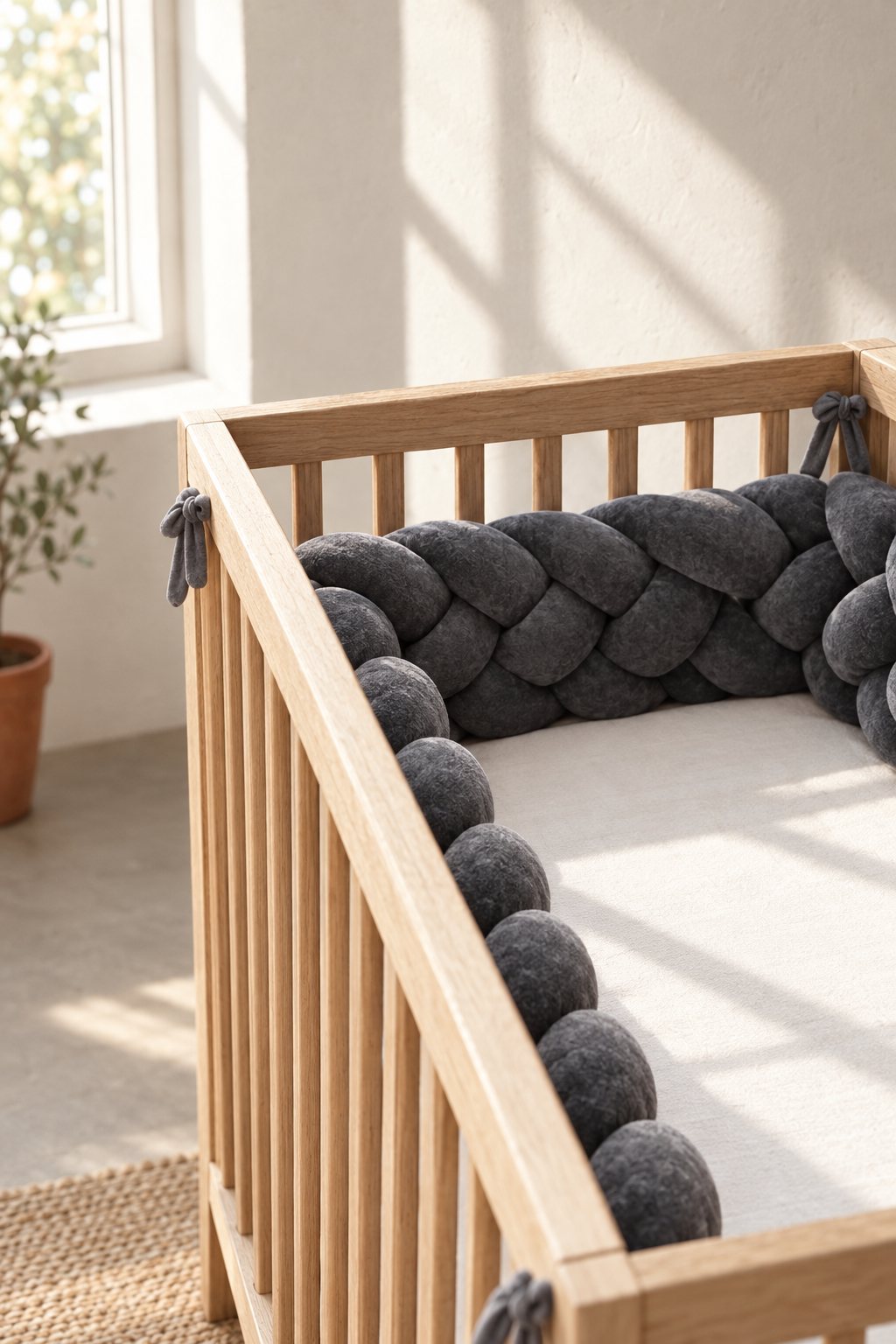 Tresse de lit bébé tressée autour d'un lit en bois
