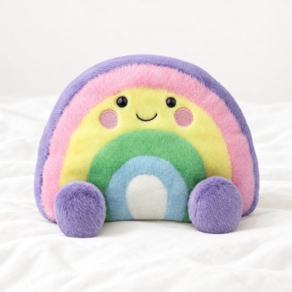 Peluche arc-en-ciel mignon multicolore posée sur un lit blanc, en pleine lumière
