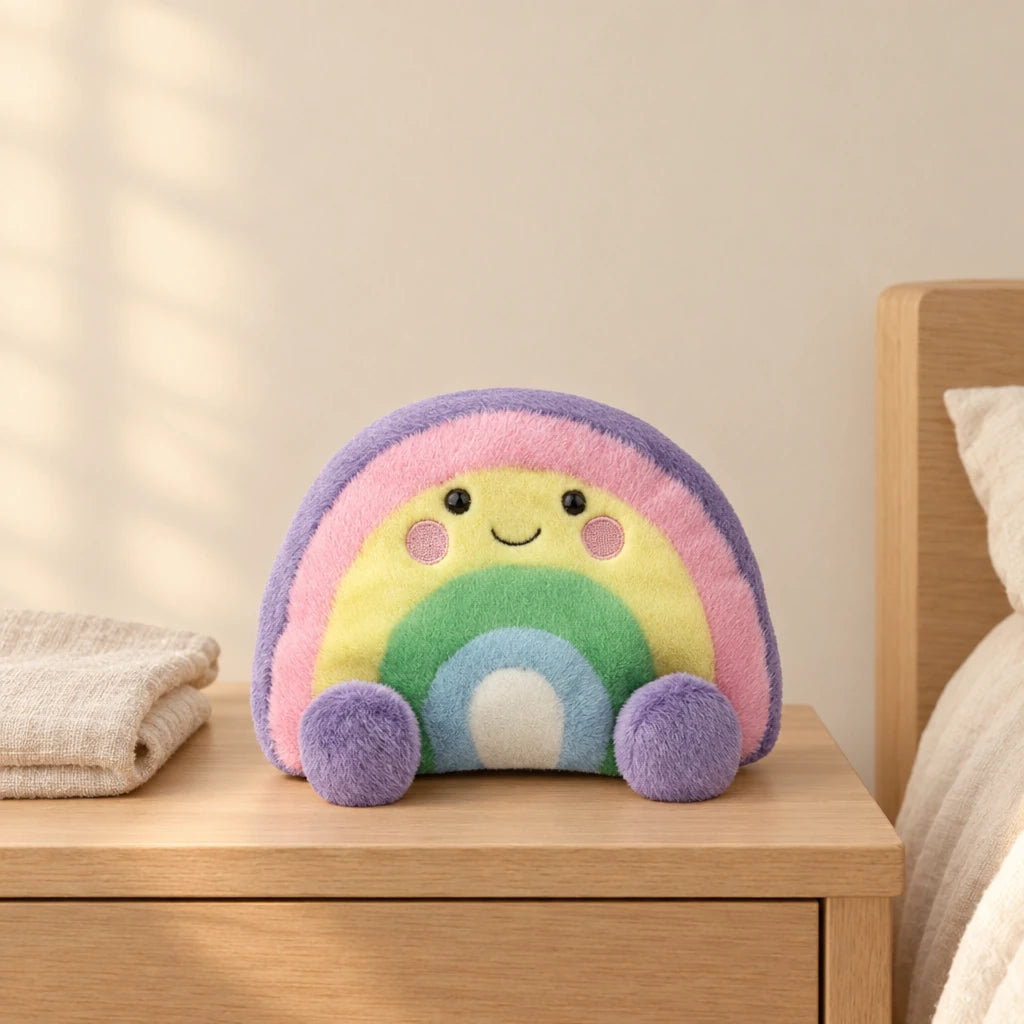 Peluche arc-en-ciel mignon multicolore posée sur une table de chevet en bois clair