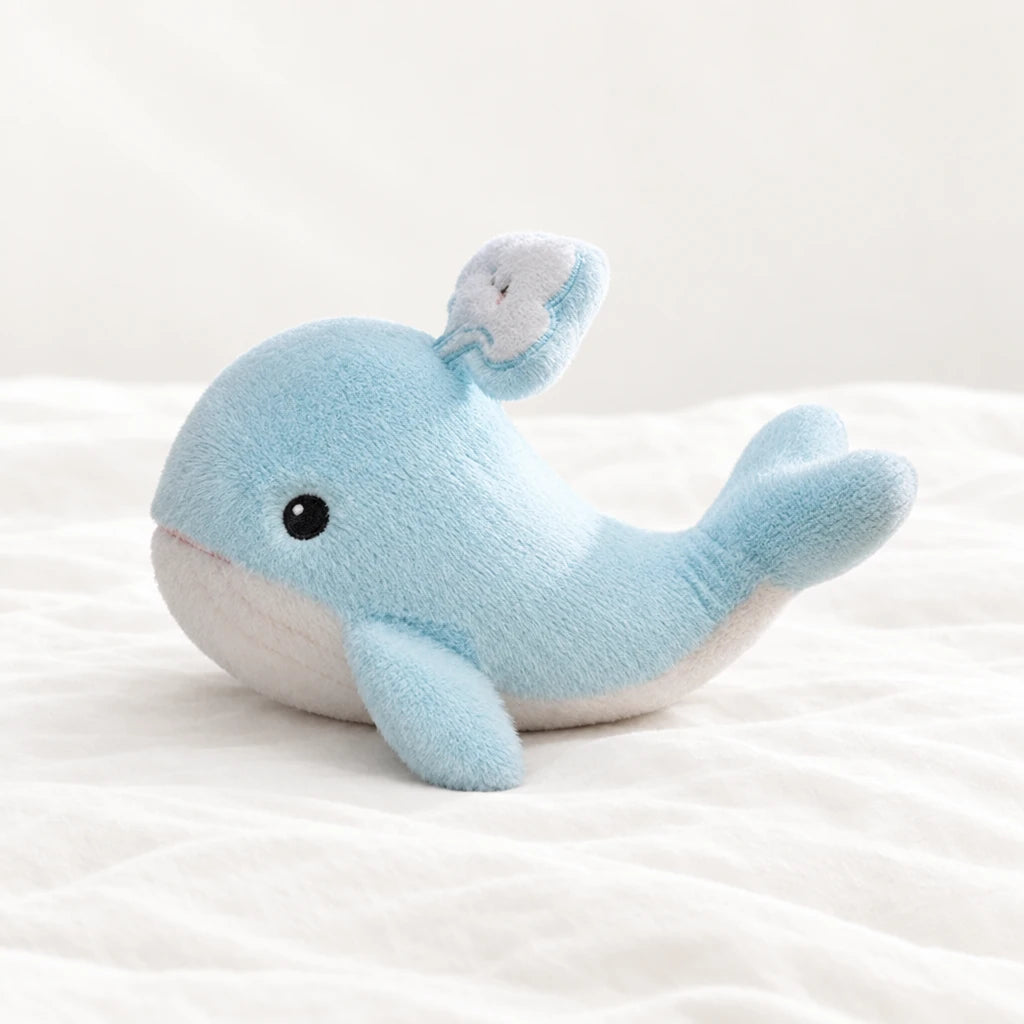 Peluche baleine bleue adorable toute douce posée sur un lit blanc, en pleine lumière